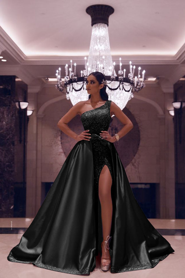 Elegant Silvery One-Shoulder Mermaid Prom Dress with Sequin Embellishments and Slit