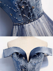 Elegant Blue Tulle Beaded Long Prom Dress with Sparkling Evening Details