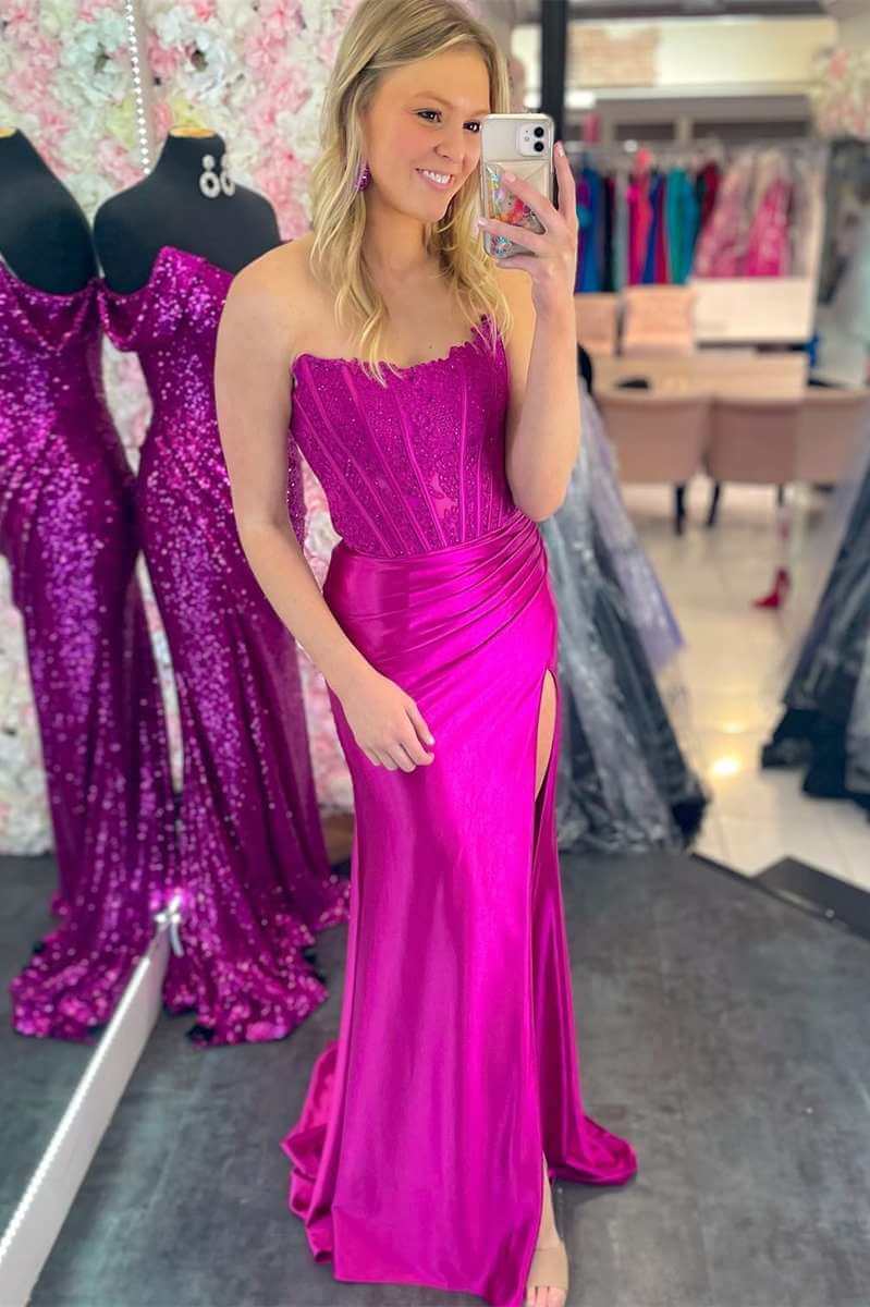 Mermaid Lace Off-the-Shoulder Long Corset Formal Dress with Slit - DollyGown