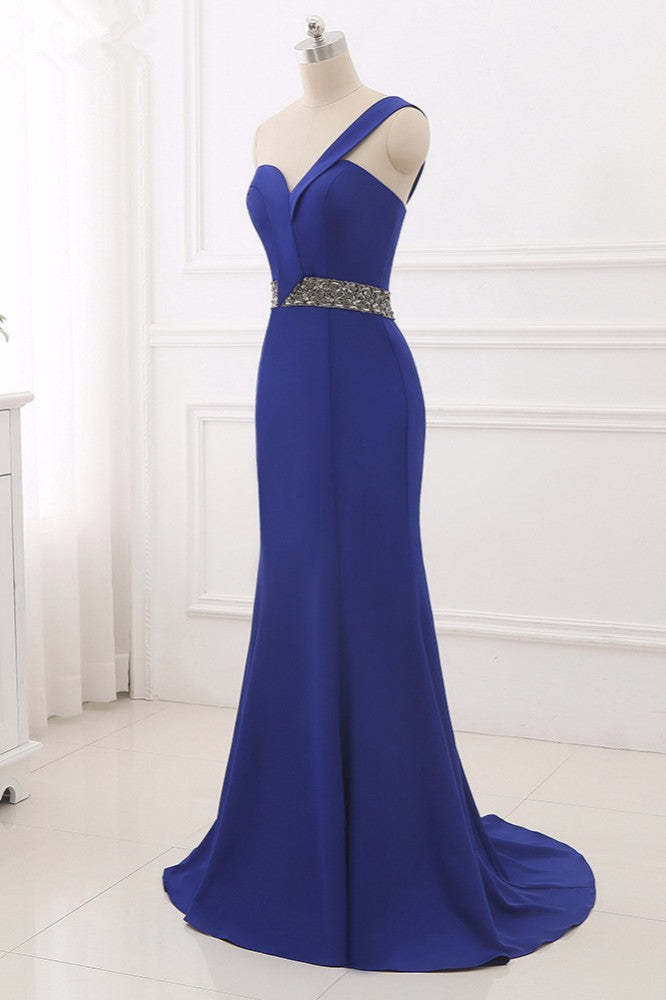 Royal Blue One Shoulder Mermaid Prom Dress Backless Beaded Design