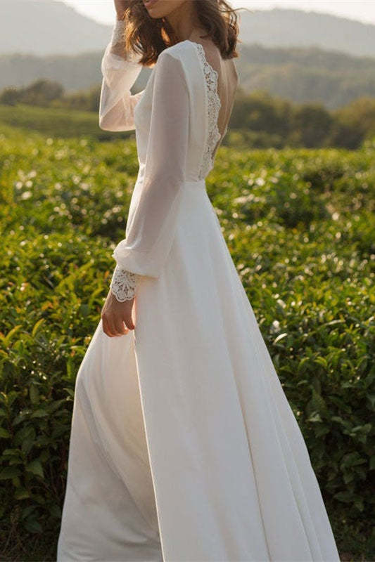 Long Sleeve Backless Chiffon Wedding Dress with Lace Cuffs Long Sleeve Backless Chiffon Wedding Dress with Lace Cuffs