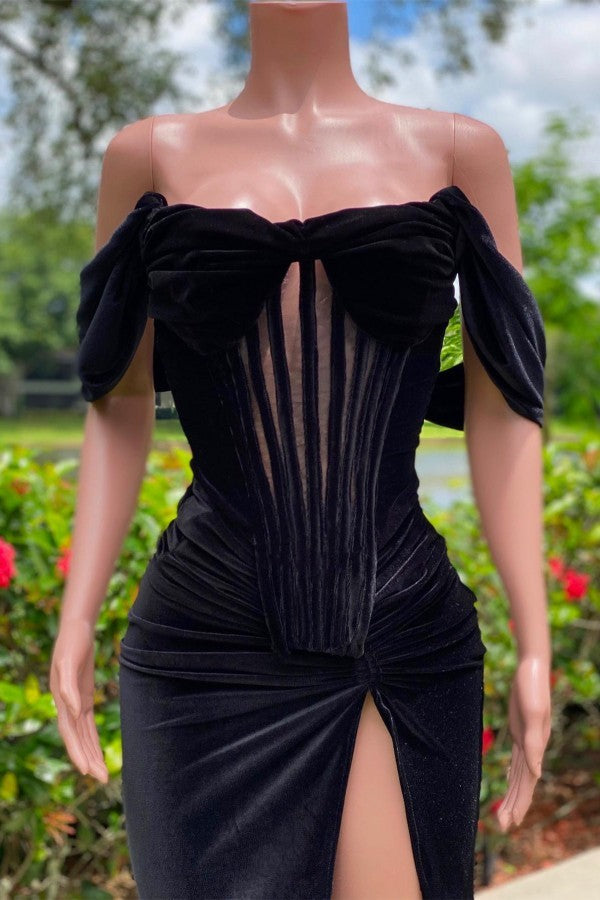 Elegant Off-the-Shoulder Velvet Black Long Prom Dress with Side Split Design