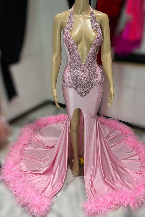 pink feather prom dress Sparkly Mermaid Off the Shoulder Sequins Lace Long Dresses with AB090703 Feathers work Short V Neck Pink Lace