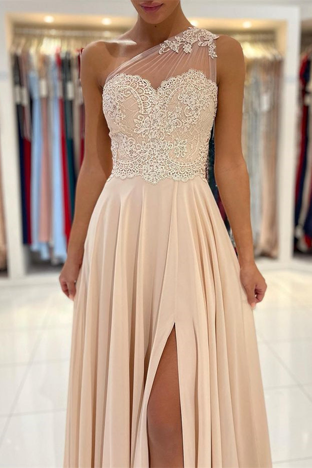 Elegant One-Shoulder Lace Appliqued Prom Dress with Slit for Special Occasions
