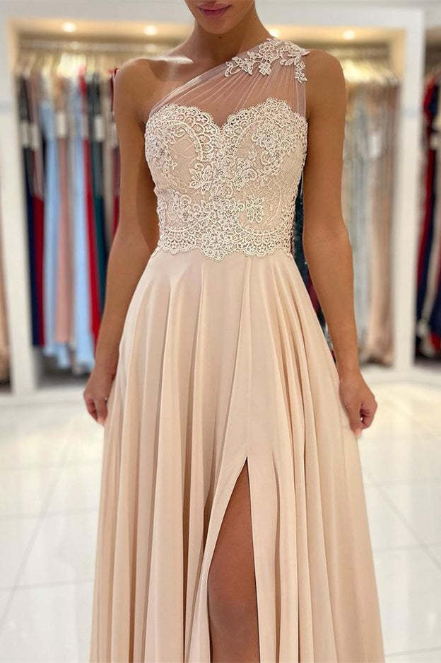 Elegant One-Shoulder Lace Applique Prom Dress: A-Line, High Slit, Floor-Length