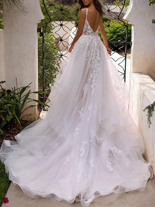 A-Line V-Neck Tulle Lace Wedding Dress with Appliqué Skirt