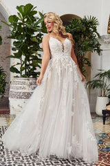 Romantic Lace & Tulle A-Line V-Neck Wedding Dress with Open Back