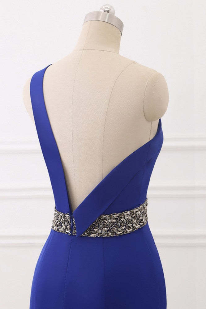 Royal Blue One Shoulder Mermaid Prom Dress Backless Beaded Design