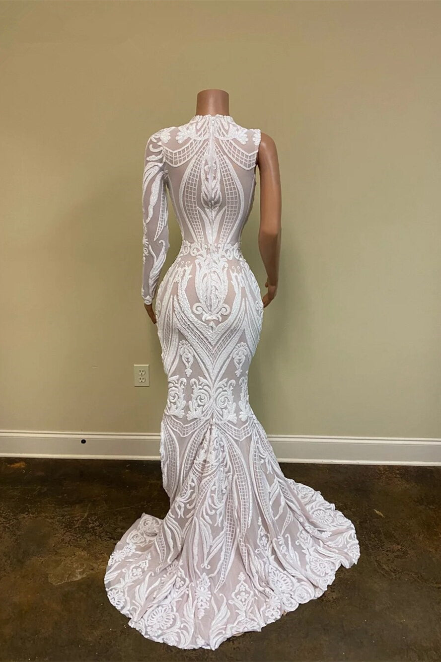 Elegant White Sequin One-Shoulder Mermaid Prom Gown with Long Sleeve & Slit