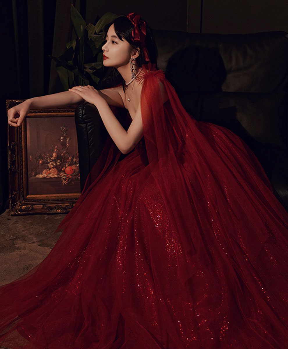 Burgundy Tulle Long Prom Dress Formal Gown