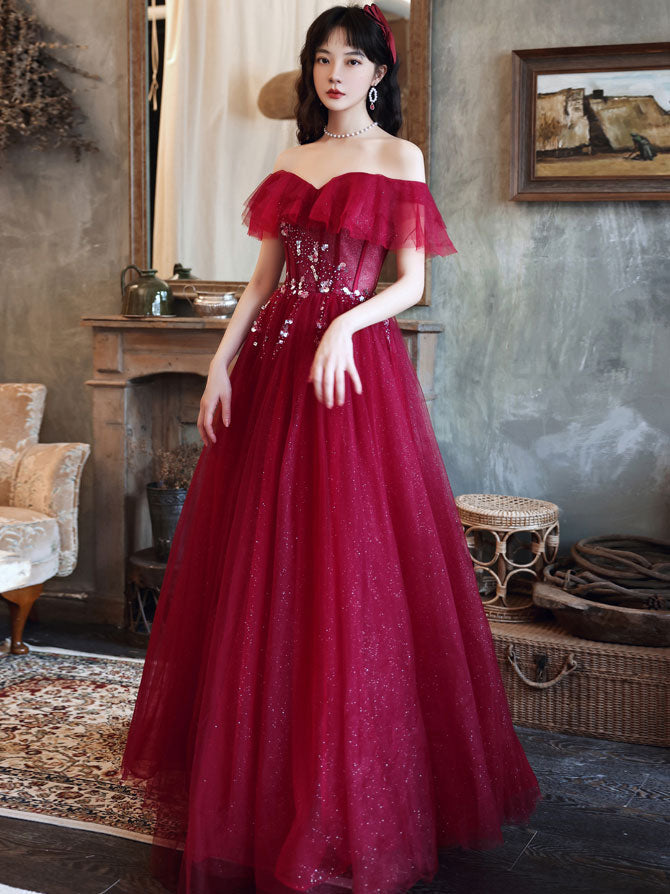 Stunning Elegant Burgundy Off-Shoulder Tulle Sequin Long Evening Prom Dress