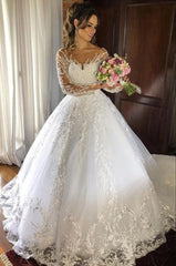 Elegant Princess Tulle Long Sleeve Wedding Dress with Delicate Appliques for Brides