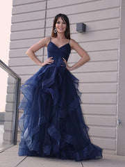 Navy Spaghetti-Strap Ruffled High-Low Prom Dress with Split