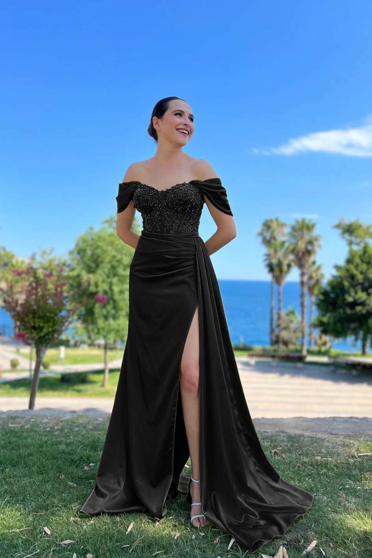 Off-the-Shoulder Sweetheart Beaded Mermaid Prom Dress with Front Slit