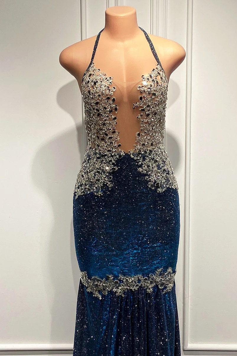 Elegant Blue Sequin Mermaid Prom Dress with Spaghetti Straps