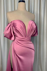 Elegant Pink Charmeuse V-Neck Pleated Slit Evening Dress for Special Occasions