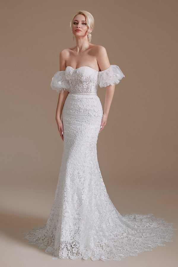 Elegant Mermaid Lace Wedding Dress with Detachable Sleeves Sweetheart Neckline