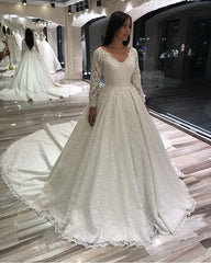 Elegant A-Line Deep V-Neck Lace Appliqued Long Sleeve Wedding Dress
