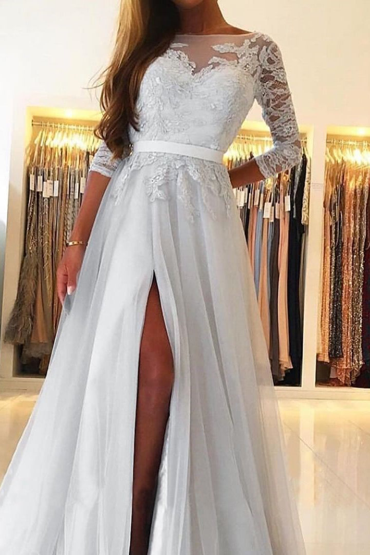 Elegant Long Sleeve A-Line Lace Prom Dress with Thigh Slit