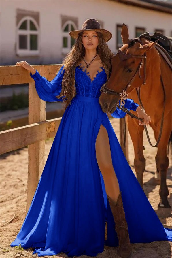 Bohemian Long Sleeve Lace Wedding Dress with High Side Split