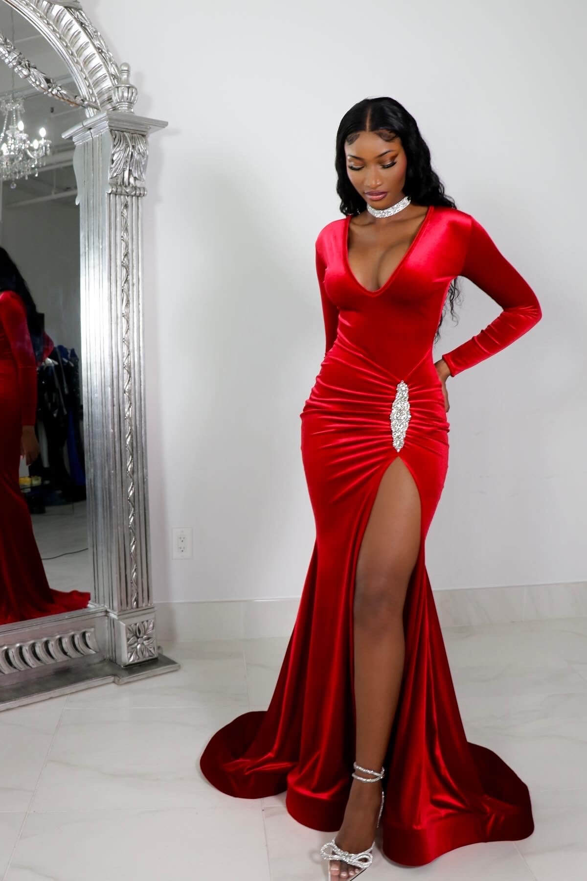 Elegant Red Long-Sleeve Prom Gown with High Slit and Pleated Details