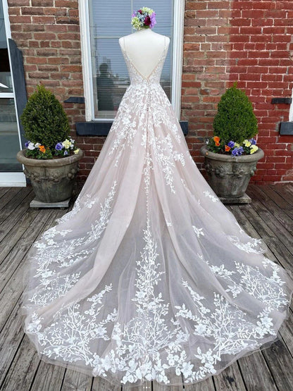 A-line Lace Cathedral Train Wedding Dress - DollyGown