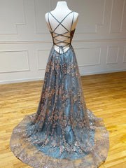 Sequin A-Line V Neck Tulle Long Prom Dress Backless Evening Gown