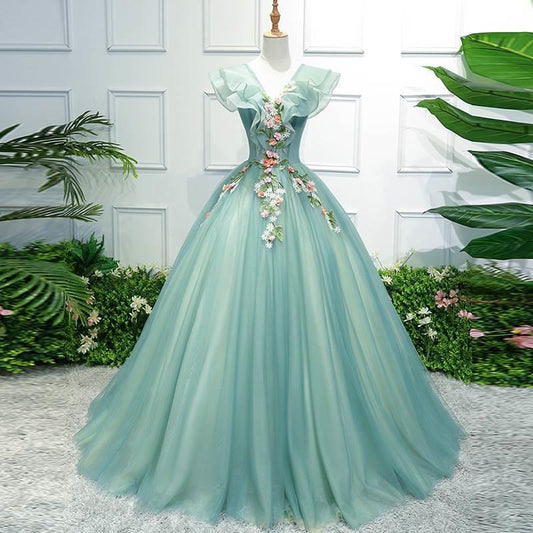 Aqua V-Neck Ball Gown Quinceanera Dress Prom Dress - DollyGown