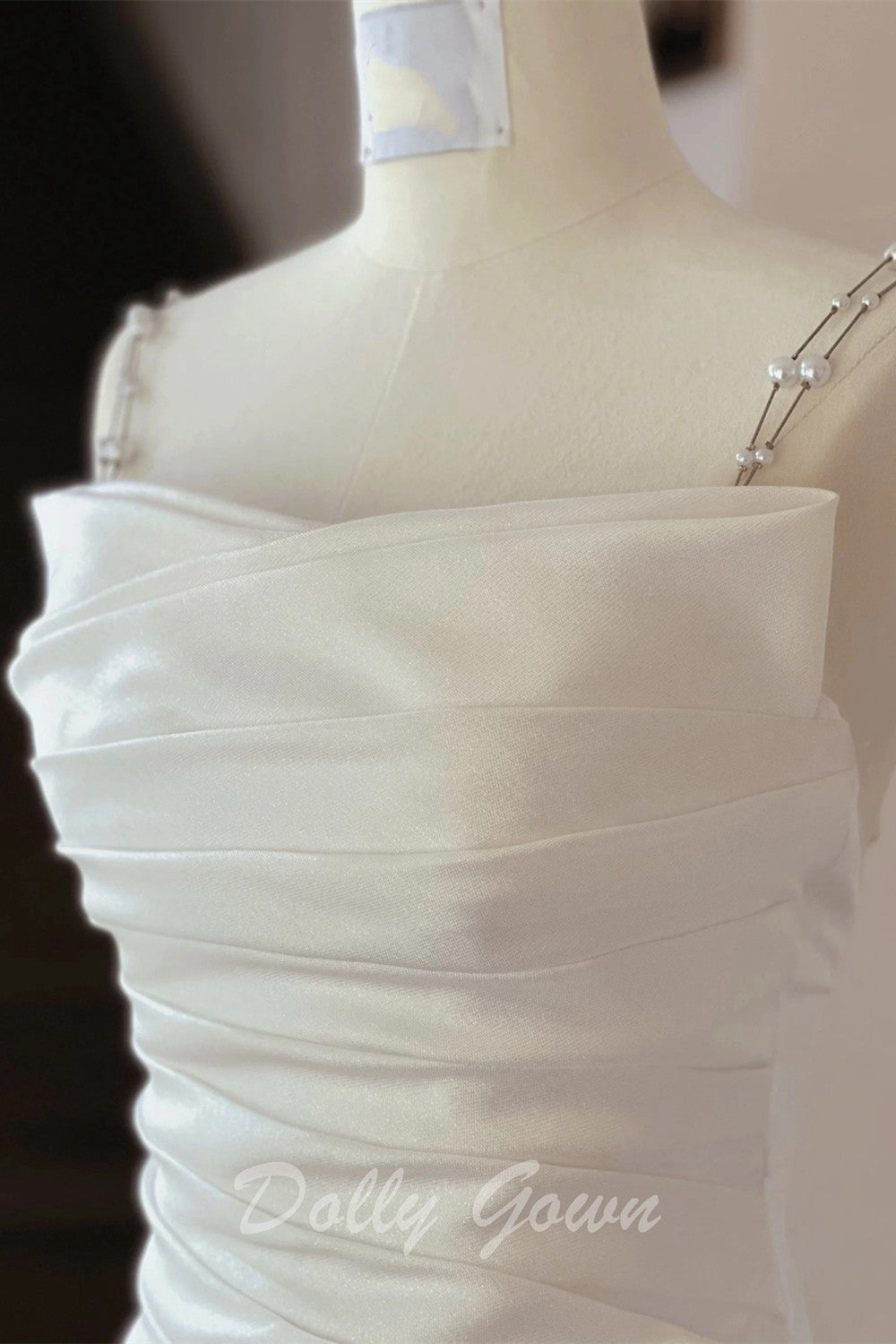 Asymmetrical Crease Satin Fishtail Wedding Dress - DollyGown