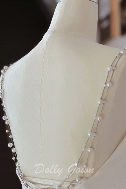 Asymmetrical Crease Satin Fishtail Wedding Dress - DollyGown
