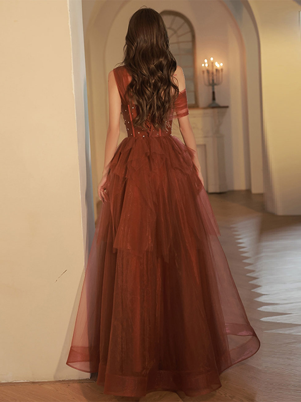 Elegant Burgundy One-Shoulder Tulle A-Line Floor-Length Prom Dress with Sequin Beading