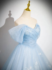Beautiful Off Shoulder Blue Long Prom Dress Sweet 16 Tulle Lace