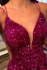 Fuchsia Sequin Homecoming Dress: Spaghetti Straps, Backless, Short, Sparkly, Party