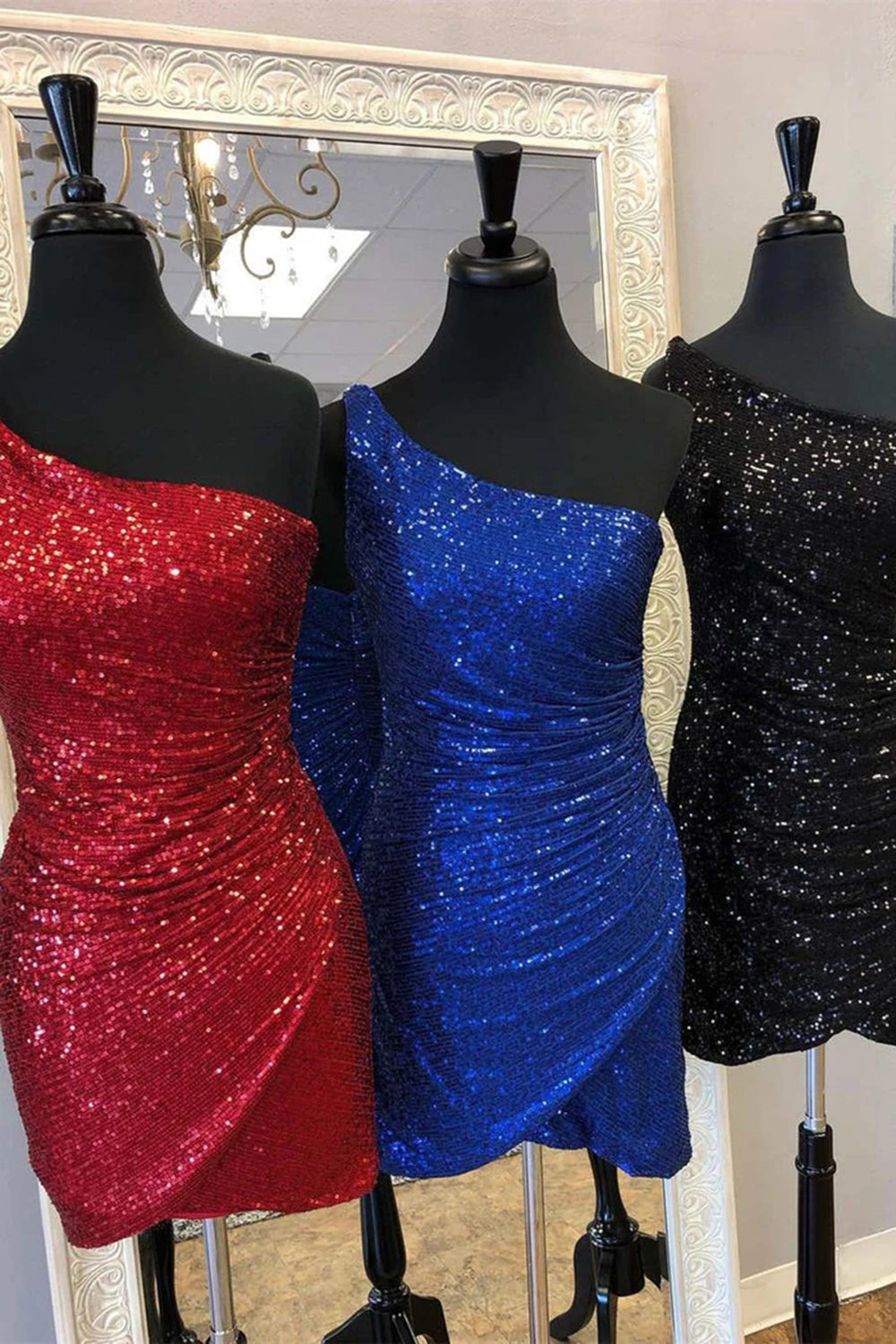 Pink Sequin One Shoulder Short Homecoming Dress, Sparkly Party Cocktail Gown