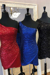 Pink Sequin One Shoulder Short Homecoming Dress, Sparkly Party Cocktail Gown