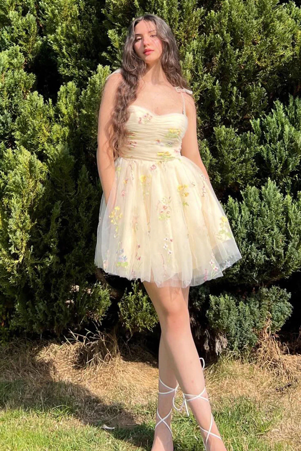 Champagne Tulle Homecoming Dress with Embroidery, Spaghetti Straps, Short Party Gown