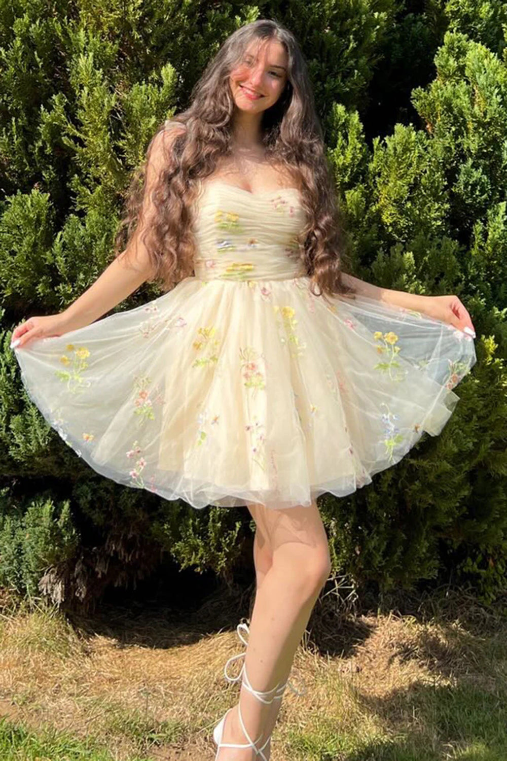 Champagne Tulle Homecoming Dress with Embroidery, Spaghetti Straps, Short Party Gown