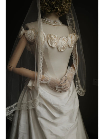 Ball Gown Vintage Style Rose Flowers Silk Wedding Dress - DollyGown