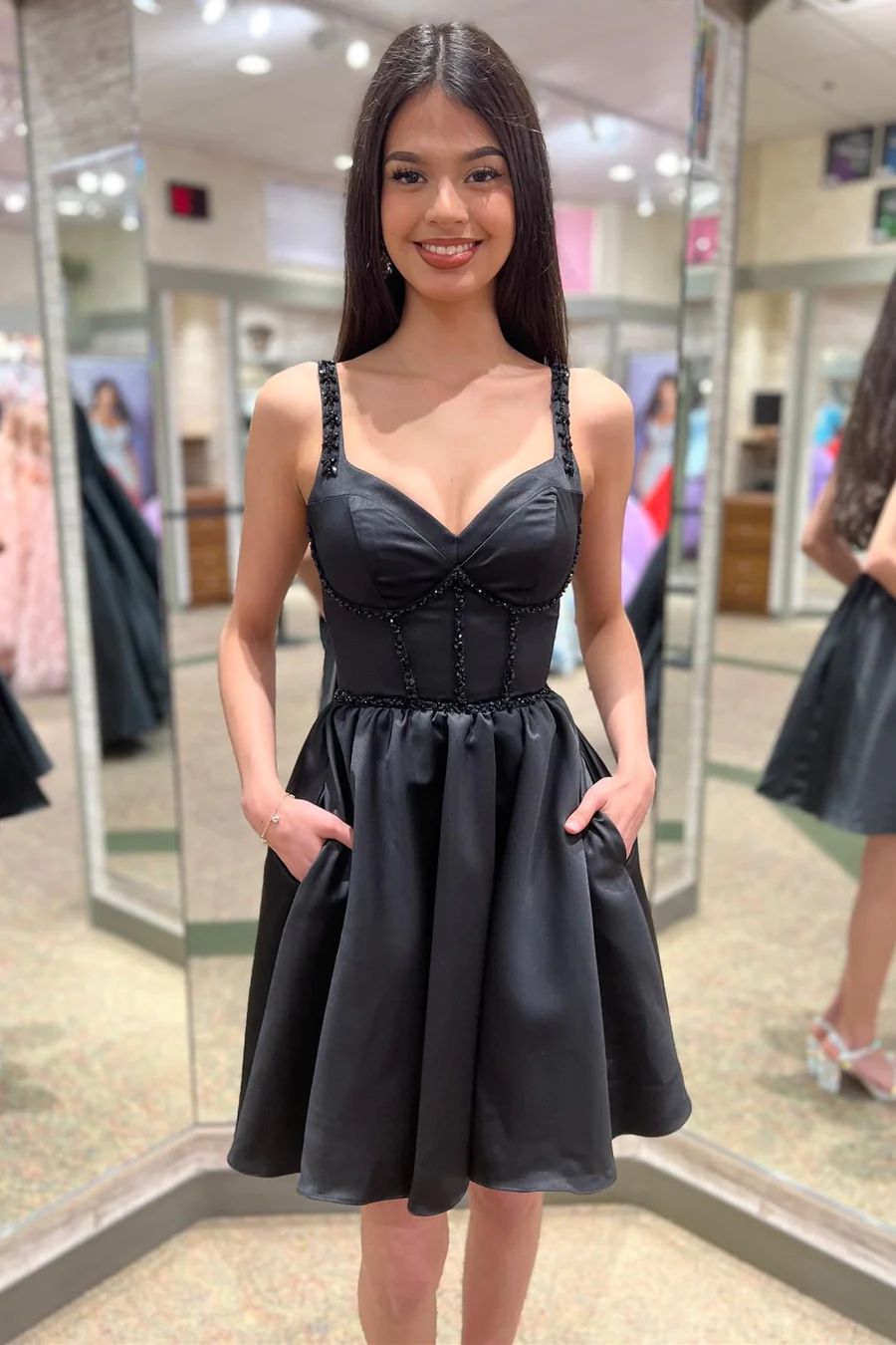 Black Beaded Corset Top Homecoming Dress with Pockets - DollyGown