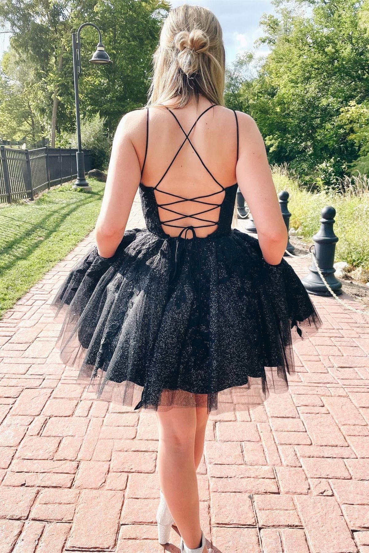 Black Bling Tie Back Homecoming Dress Black Bling Tie Back Homecoming Dress