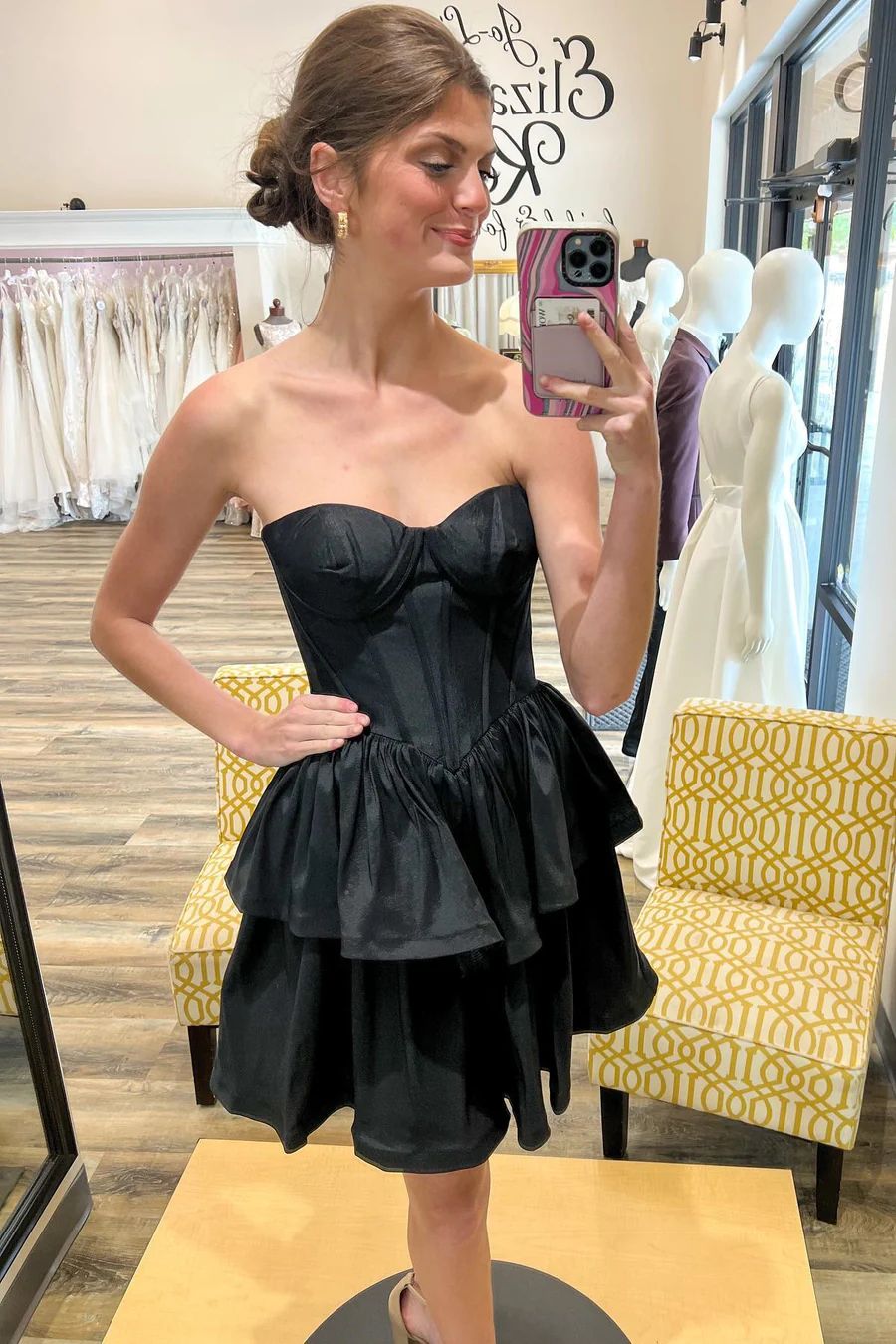 Black Boned Strapless Layered Homecoming Dress - DollyGown
