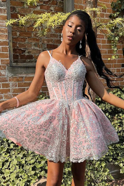 Black Girl Pink Homecoming Dress with Silver Lace - DollyGown