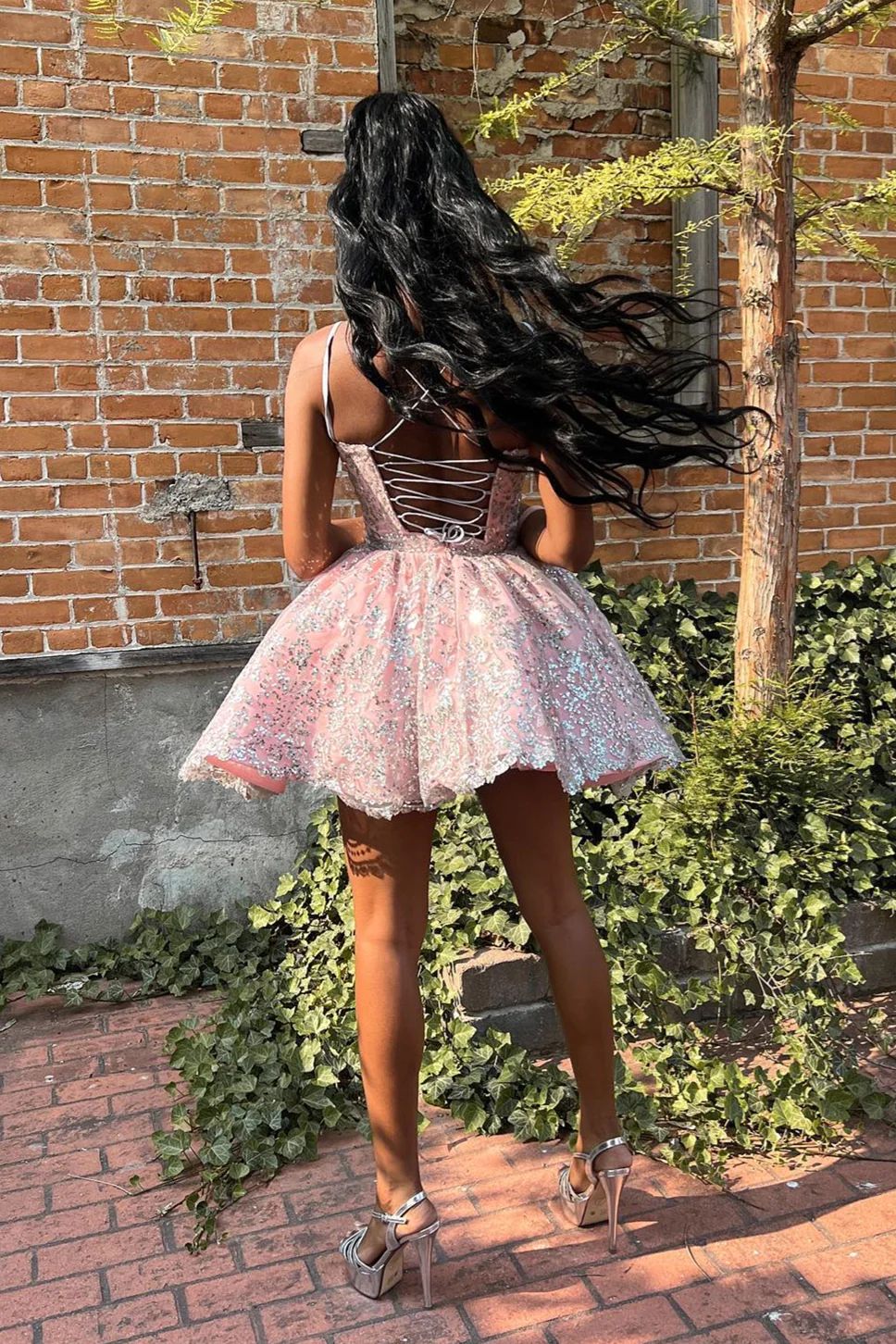 Black Girl Pink Homecoming Dress with Silver Lace - DollyGown