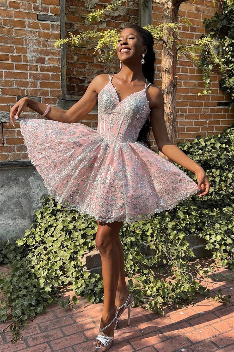 Black Girl Pink Homecoming Dress with Silver Lace - DollyGown