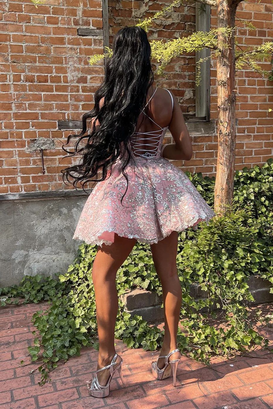 Black Girl Pink Homecoming Dress with Silver Lace - DollyGown