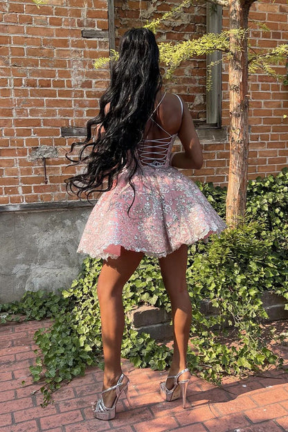 Black Girl Pink Homecoming Dress with Silver Lace - DollyGown