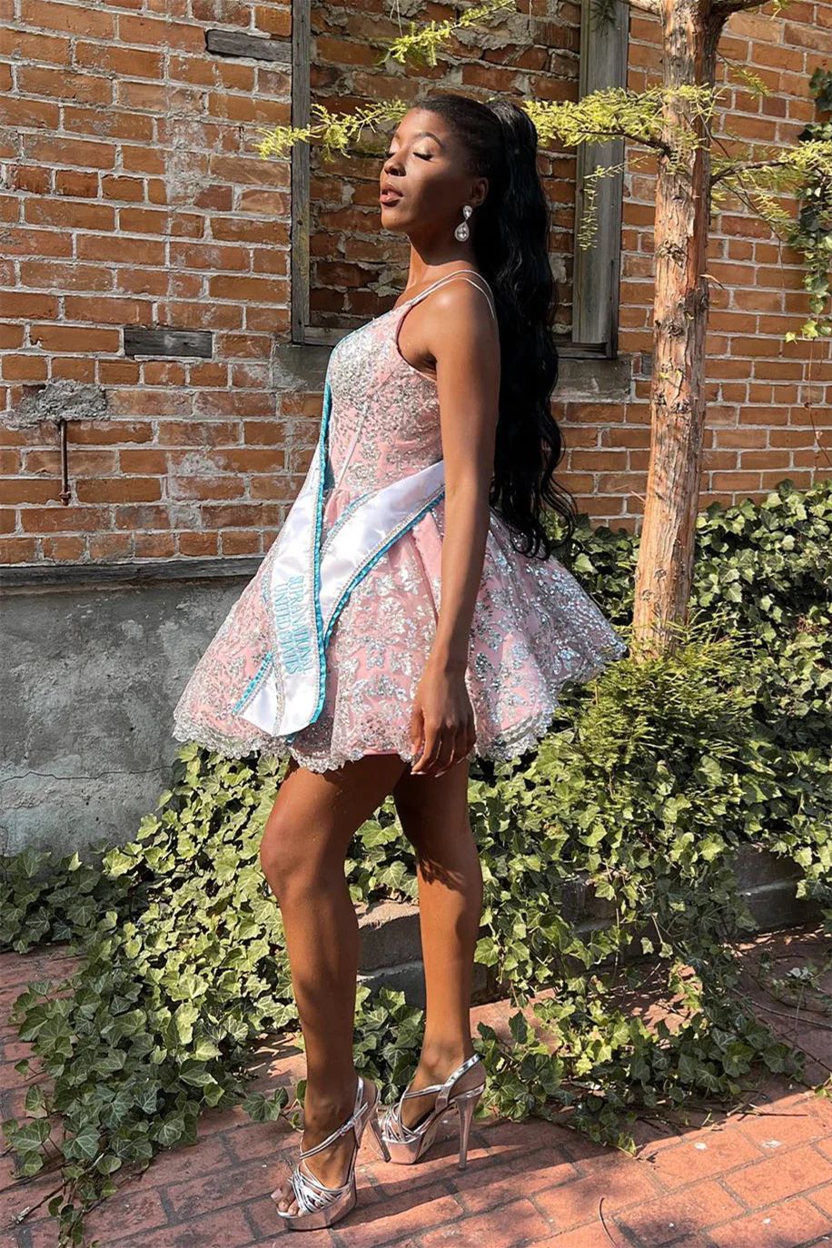 Black Girl Pink Homecoming Dress with Silver Lace - DollyGown