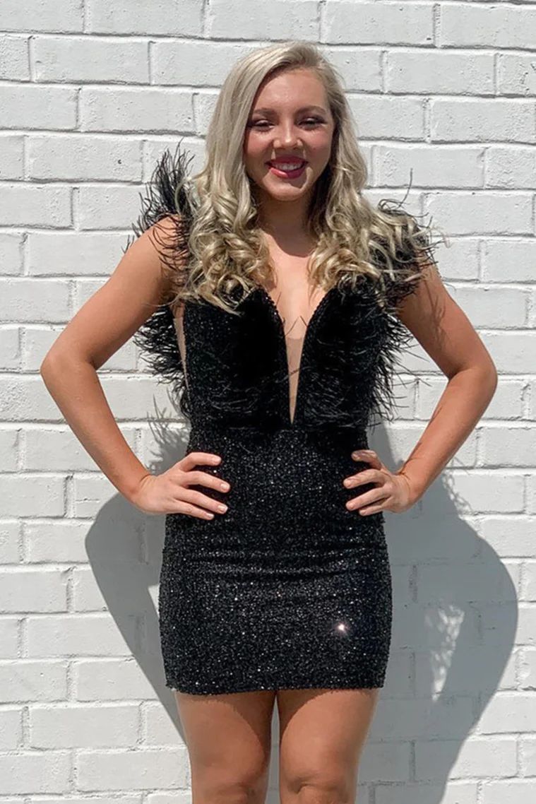 Black Sequins Low Back Feather Tight Homecoming Dress - DollyGown