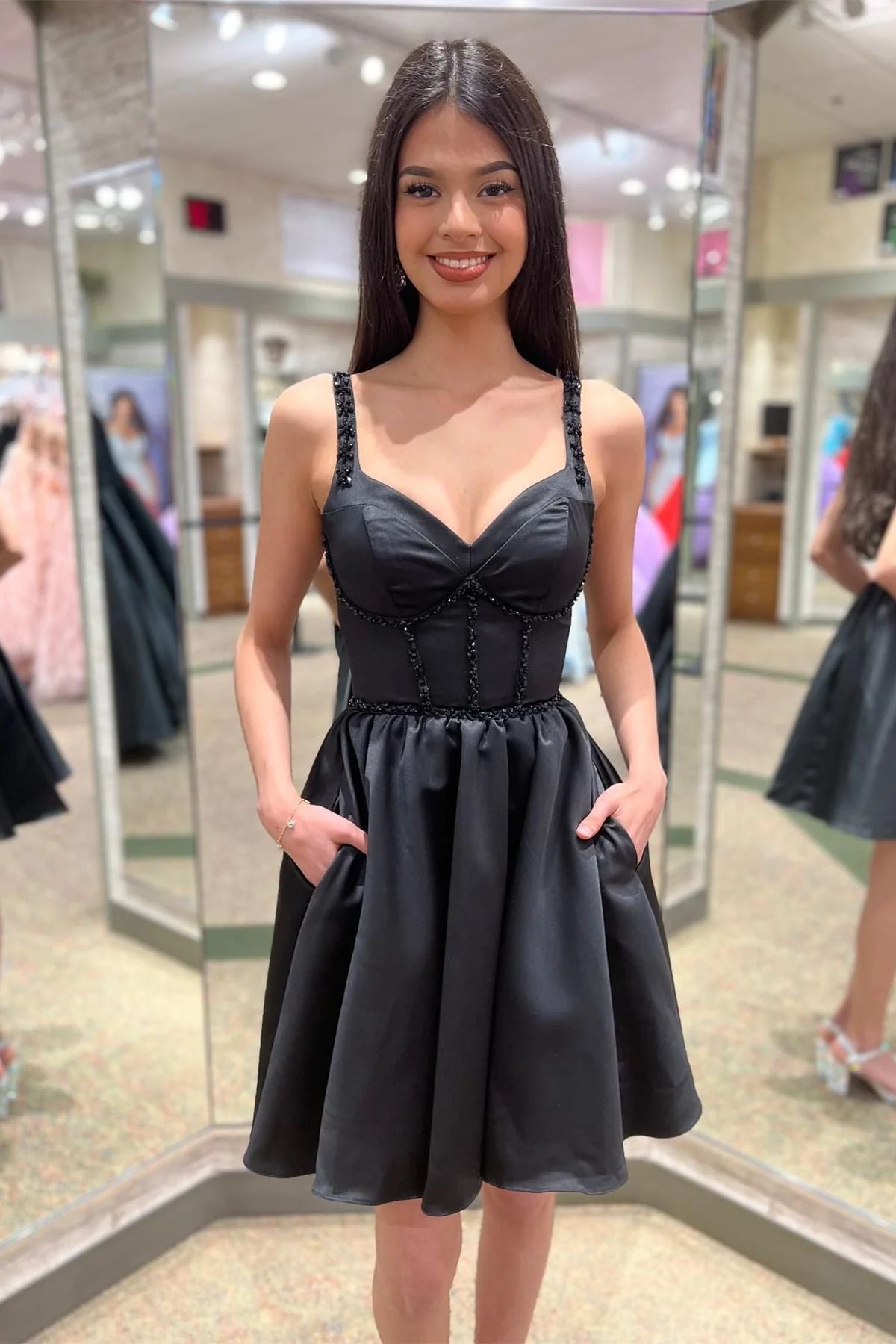 Black Short Satin Juniors Homecoming Dress with Pockets - DollyGown