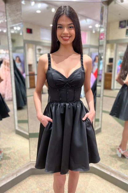 Black Short Satin Juniors Homecoming Dress with Pockets - DollyGown